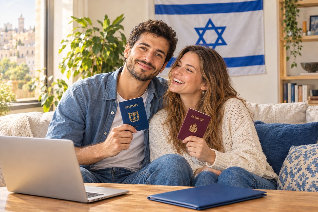 זוג מחייך על ספה בבית, מחזיקים דרכון ישראלי ודרכון זר, ודגל ישראל על הקיר מאחוריהם