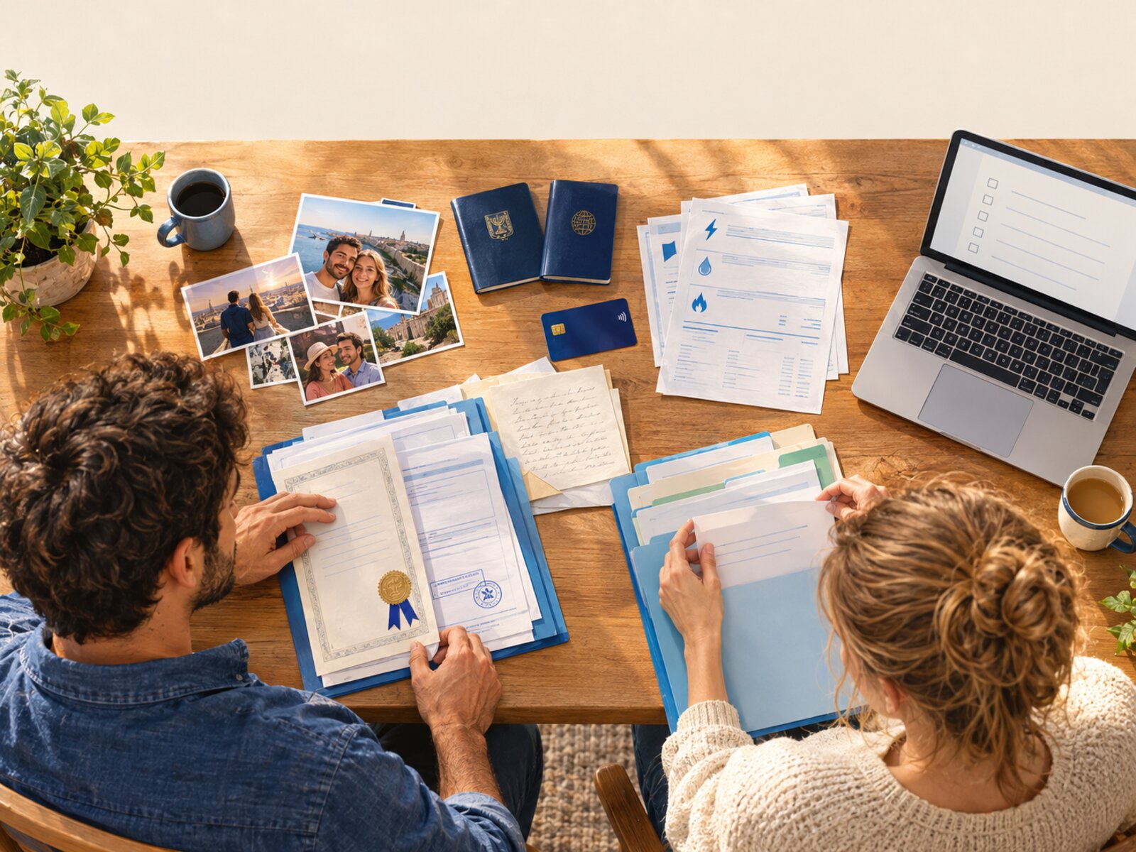 Seen from above, a couple sorts their documents at a wooden table: two passports, a lease and bills, a bank card, photographs of the two of them over the years, a certificate with an apostille ribbon, a handwritten letter and tabbed folders, with a checklist open on a laptop.