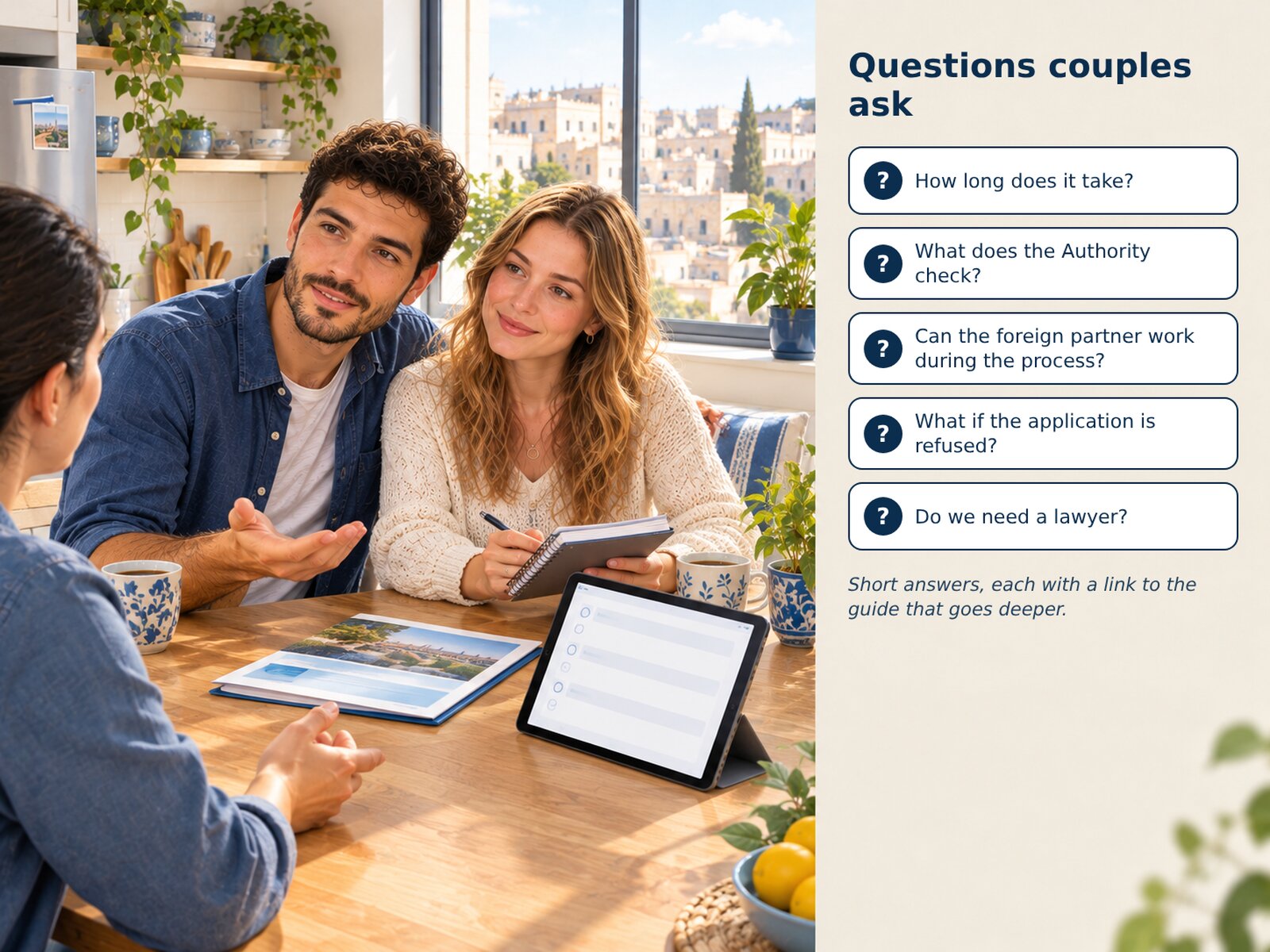 A couple at a kitchen table talking with a friend whose back is to the camera, a tablet with a blank checklist and a brochure on the table, and a column of five question chips beside the picture.
