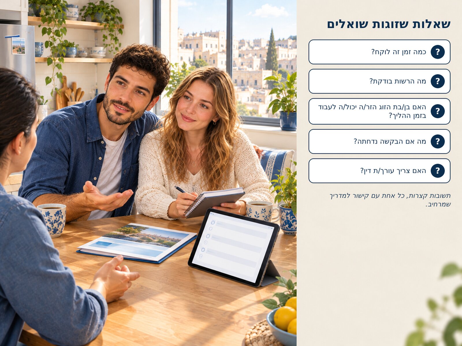 זוג ליד שולחן במטבח משוחח עם חברה שגבה למצלמה, על השולחן טאבלט עם רשימה ריקה וחוברת, ולצד התמונה טור של חמש שאלות.