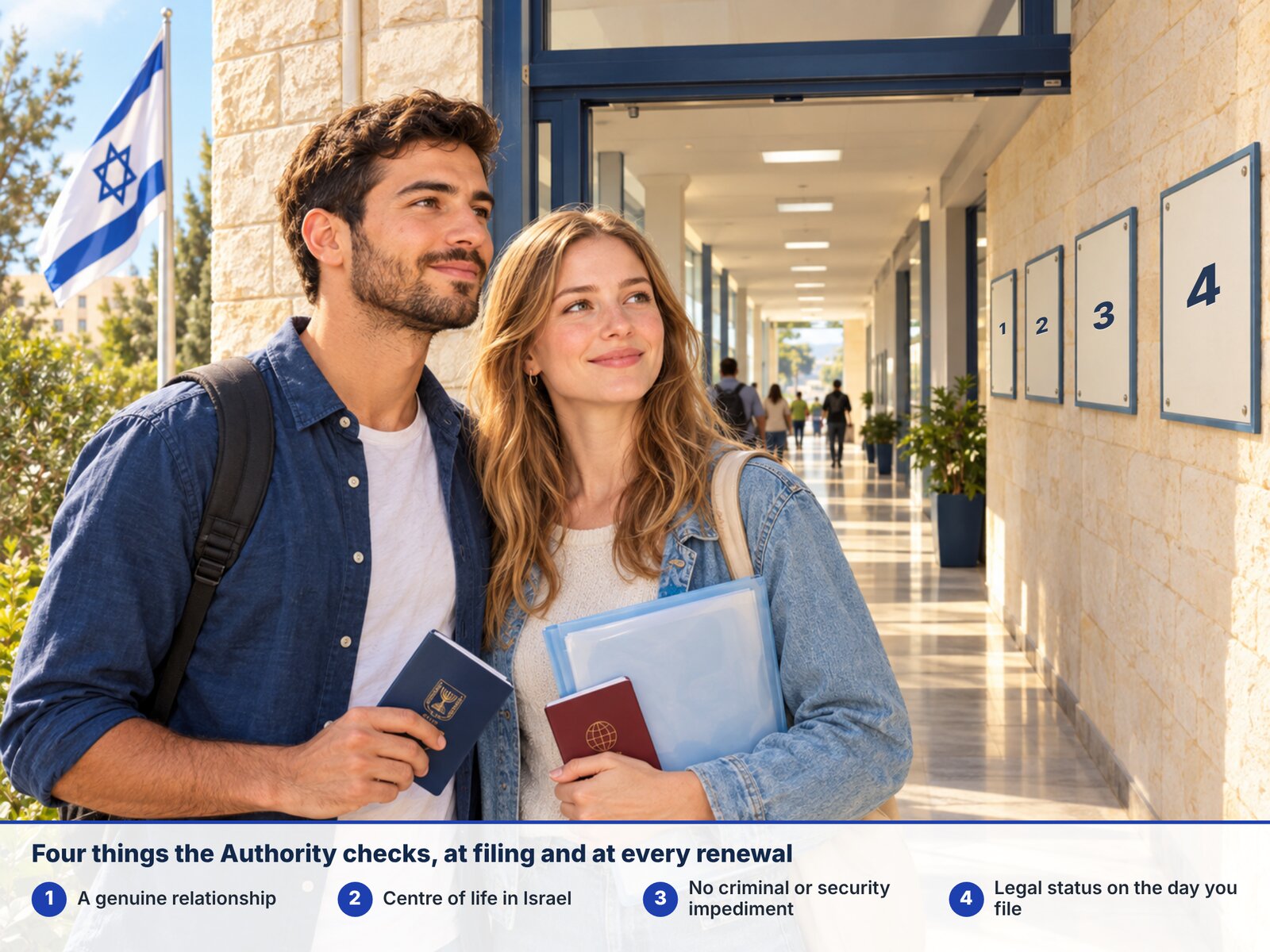 A couple with their passports and a folder at the entrance of an Israeli government office; four numbered plaques on the wall stand for the four things the Authority checks: a genuine relationship, centre of life in Israel, no criminal or security impediment, and legal status on the day of filing.