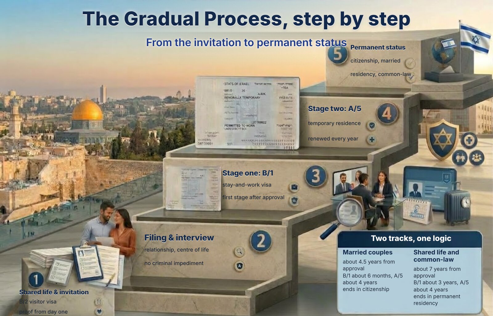 The Gradual Process as five steps on a staircase above Jerusalem: shared life and the invitation on a B/2 visa, filing and interview, the B/1 visa, the A/5 permit, and permanent status.