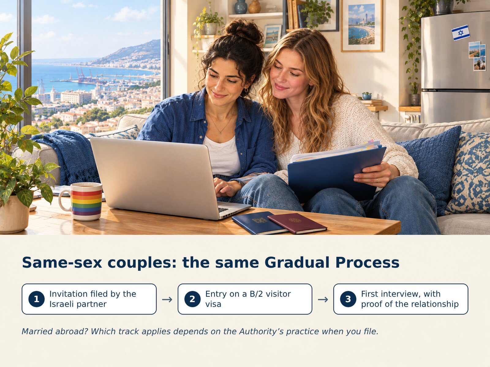 Two women on a sofa at home, one typing on a laptop and the other holding a folder of documents, with two passports on the table and a view of a Mediterranean city behind them.